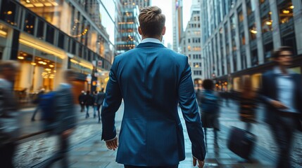 Poster - A businessman in a blue suit walking confidently through a bustling city street, surrounded by other professionals on the move. background of modern office buildings and a sense of urgency.