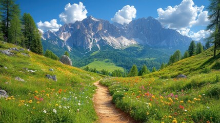 Wall Mural - Scenic mountain landscape with a vibrant flower-filled path.