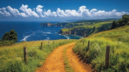 Wall Mural - Scenic coastal pathway with lush greenery and ocean view.