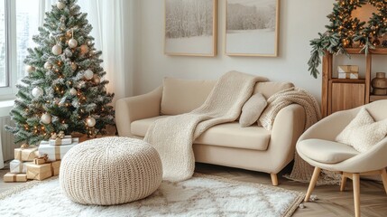 Poster - Cozy living room with a decorated Christmas tree and a modern lounge chair in soft afternoon light