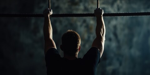 A man in the gym is seen from the back performing pull-up exercises on a bar, highlighting strength, fitness, and dedication in a focused workout environment.