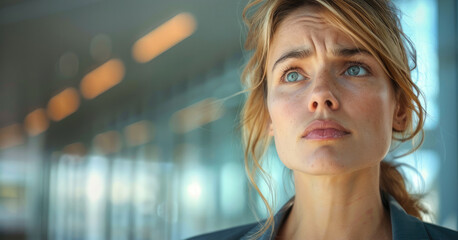 Poster - A business woman looking worried. Generative AI.