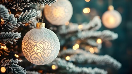 Poster - White Christmas Ornament with Intricate Design on Snowy Branch