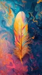 Wall Mural - Colorful feather on swirling abstract background, artistic concept