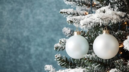 Poster - White Christmas Ornaments on Snowy Pine Tree Branch