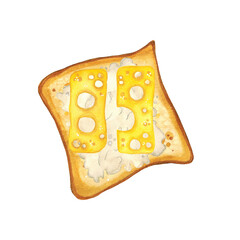 Two pieces of cheese with holes on a piece of bread toast, isolated illustration on a white background, hand drawn in watercolor. Suitable for designing menus, recipes, postcards. Food, nutrition