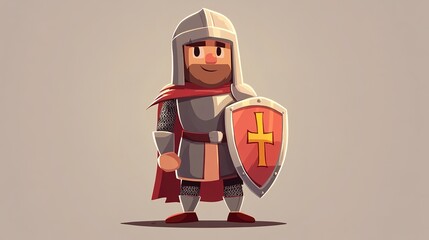 cartoon character design of a knight in shining armor, holding a shield