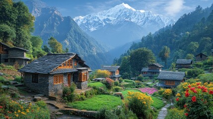 Wall Mural - Serene mountain village surrounded by lush greenery and peaks.