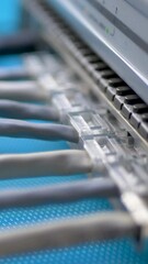 Plugs Ethernet RJ-45 cable into switch hub. Connects devices on computer network. Network bridge facilitates data transfer. Patch cord ensures stable connection. Blue background, office data center