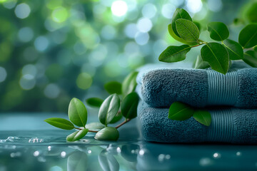 Wall Mural - Soft blue towels are stacked beside fresh green leaves, creating a serene atmosphere enhanced by sparkling water droplets in a calm and refreshing environment