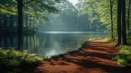 Wall Mural - Serene forest path by a calm lake surrounded by lush greenery.