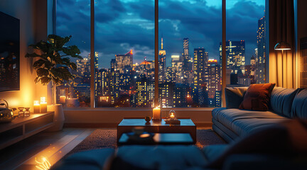 Poster - A cozy living room at night. a window in front overseeing the city at night. Generative AI.
