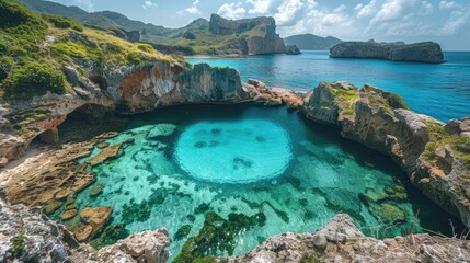 Breathtaking view of a captivating turquoise lagoon nestled within rugged cliffside coastal scenery in a tropical island paradise  The crystal clear waters reflect the surrounding natural beauty