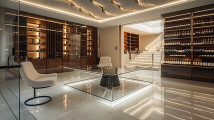 Poster - Glass table in room, the room is large and modern with light walls, the floor is made of glass and the wine cellar in the basement. Generative AI.