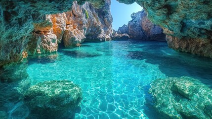 Wall Mural - Serene turquoise waters inside a rocky cave.