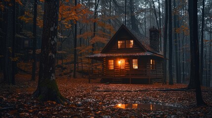 Wall Mural - A cozy cabin in the woods with rain pouring down outside, the warm glow of the fire visible through the windows. Generative AI.