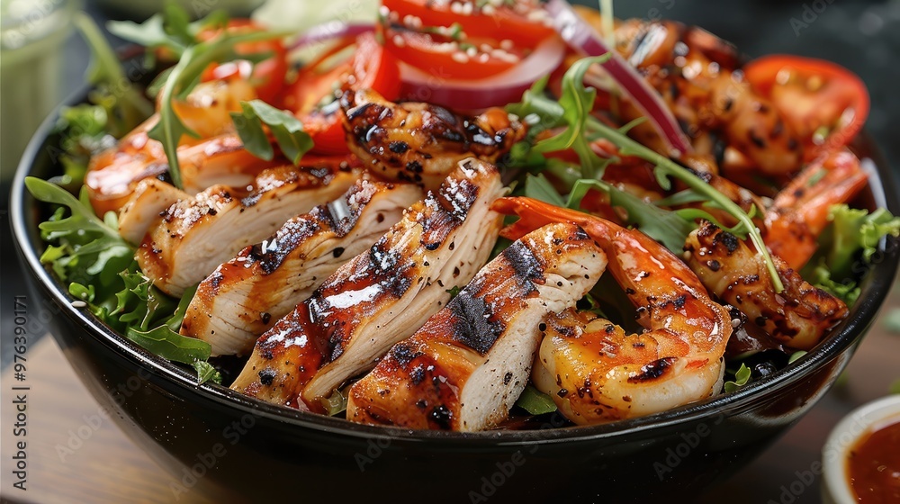 Barbeque Salad with fresh greens, grilled chicken sliced, grilled juicy shrimps, herbs, salad dressing, mayo, grated cheese and other seasonings. Generative AI.