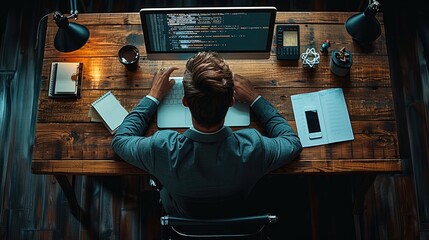 Poster - Top view of a businessman working on a laptop and computer at a desk in a dark office. The man is coding with a code script screen on a desktop monitor. Generative AI.