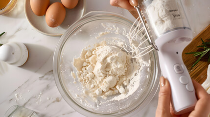 A compact hand mixer blending dough in a glass bowl