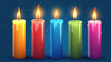 Multicolored wax candles with flame In flat style