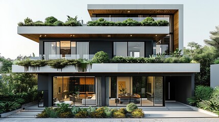Leinwandbilder - Modern house design with dark gray walls, white concrete and wood details, large windows overlooking the street. Green plants on the roof terrace. Generative AI.
