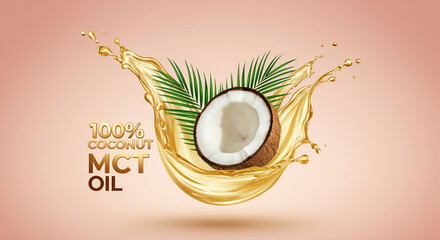Poster - Coconut splashing MCT oil with tropical leaves for natural health