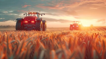 Wall Mural - A powerful red tractor plowing through a lush golden wheat field under a glowing colorful sunset sky  Scenic rural landscape with tranquil countryside farming equipment working the land at dusk