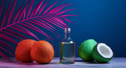 Coconuts and oil bottle in tropical setting with vibrant colors and palm leaves