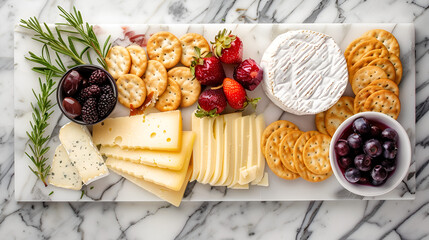 A marble cheese board with various cheeses and crackers arranged neatly