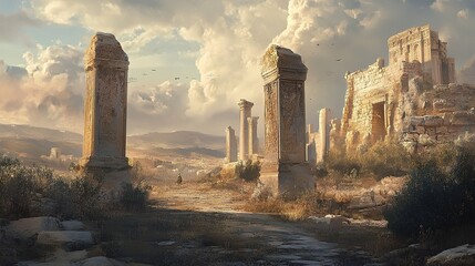 Artistic rendering of ancient stone monuments with historical and cultural context