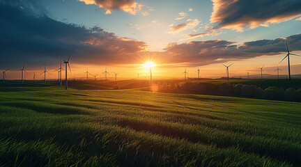 Poster - Many windmills, fields. Generative AI.