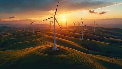 Poster - Many windmills, fields. Generative AI.