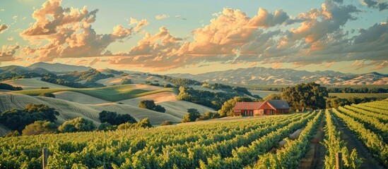 Wall Mural - Picturesque vineyard landscape featuring a rustic red barn set against a backdrop of rolling green hills and a vibrant sunset sky  The image showcases the beauty of a serene