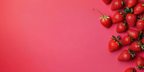 A collection of fresh, juicy strawberries is artfully laid out on a vibrant red background, highlighting their ripe and inviting appearance, ready for consumption.