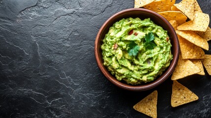 A high-quality AI-generated stock image of a bowl of vibrant green guacamole with tortilla chips on the right side, leaving space on the left for text. Perfect for food, snack, and party content.