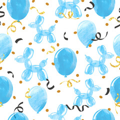 Wall Mural - Blue watercolor balloons seamless pattern. Vector party illustration. Celebration background