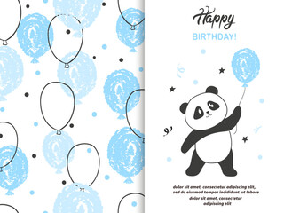 Wall Mural - Happy Birthday greeting card with cute panda bear and balloons. Vector illustration