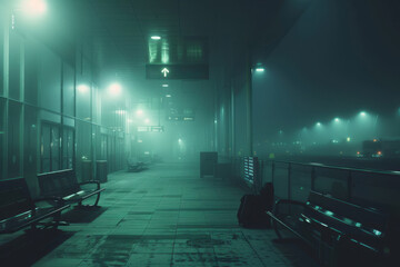 Wall Mural - A dark, foggy night with a green street