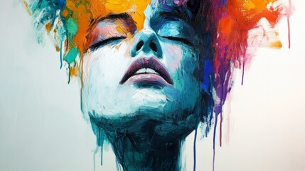 A portrait of an elegant woman with closed eyes, surrounded by vibrant colors and dripping paint on a white background