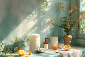 A serene tabletop features two lit candles, a vase of orange flowers, and fresh oranges set against a light blue wall. Natural sunlight creates a warm atmosphere