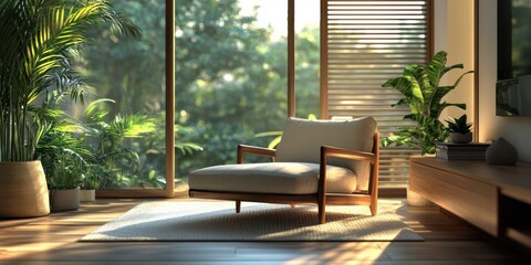 Wall Mural - A living room with a white chair and a potted plant