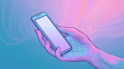 A simple cartoon hand holding a smartphone, representing connectivity and modern technology, as well as generative AI