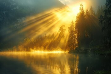 Canvas Print - the sun is shining through the trees, casting a warm glow on the water