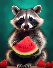 Cute raccoon eating watermelon