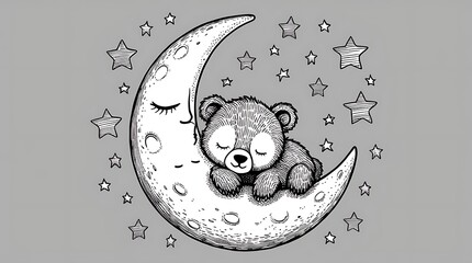 Bear cub sweetly sleeping on a crescent moon. A fairy tale character for a lullaby. Animal in black and white style. Illustration for cover, card, postcard, interior design, decor or print (8)