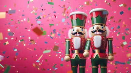 Two wooden nutcracker dolls with flying red gold and green metallic confetti, Christmas theme, red, green, and white colors