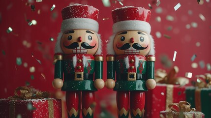 Two wooden nutcracker dolls with flying red gold and green metallic confetti, Christmas theme, red, green, and white colors