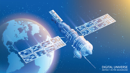 Poster - Map of the planet. World map. Global social network. Vector. Space communication satellite. Realistic dark blue technological futuristic background with planet Earth. Internet and technology. 