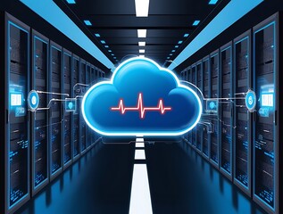 Cloud with heartbeat symbol in a server room, representing healthcare cloud computing (17)