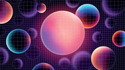 Poster - vector abstract dark blue background. bright glowing fluid balls under wireframe grid. 80s disco sty